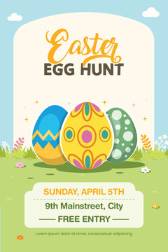 Easter Egg Hunt Poster Template with Colorful Eggs, Holiday Event Flyer Design