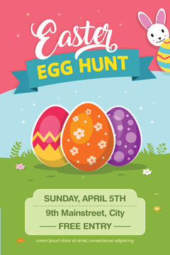 Easter Egg Hunt Poster Template with Colorful Eggs, Holiday Event Flyer Design