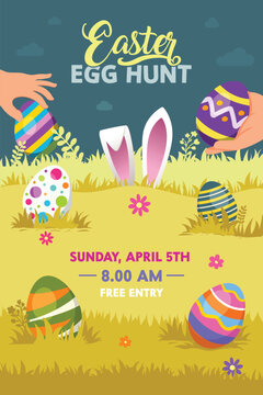 Easter Egg Hunt Poster Template with Colorful Eggs, Holiday Event Flyer Design