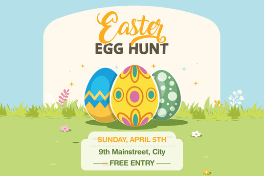 Easter Egg Hunt Poster Template with Colorful Eggs, Holiday Event Flyer Design