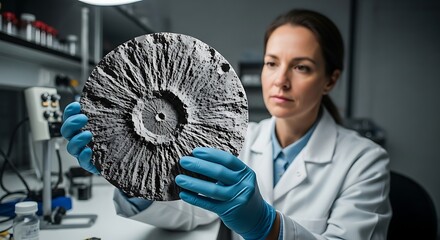A serious female scientist in a lab coat and blue gloves holds a textured, disk-shaped geological or metallurgical sample.