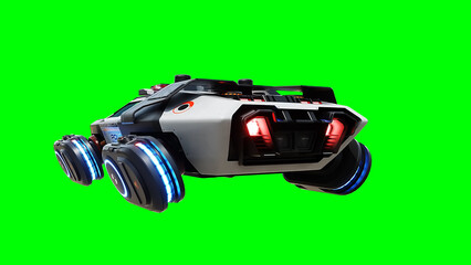 Futuristic cyber police flying car. realistic dynamic reflections on the car body. green screen isolate. 3d rendering.
