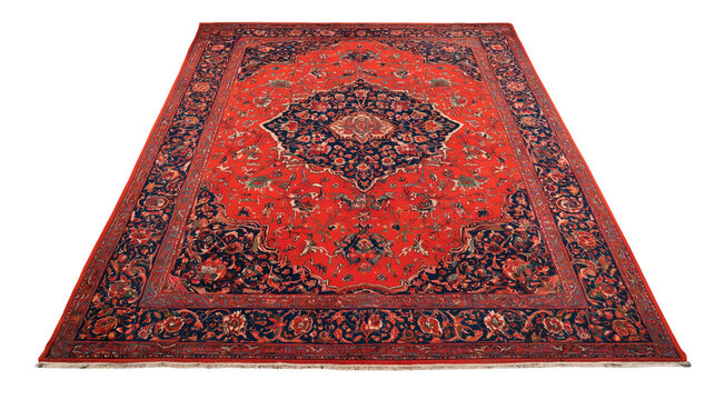 Classic red Persian carpet with floral pattern isolated on white background for interior.

