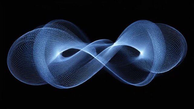 A blue, abstract image featuring an infinity symbol composed of flowing, linear light on black