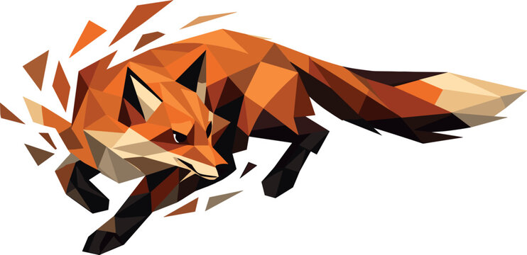 Low-poly vector illustration of a fox snapping into a sharp quick turn, agile animal with sharply faceted anatomy and angular