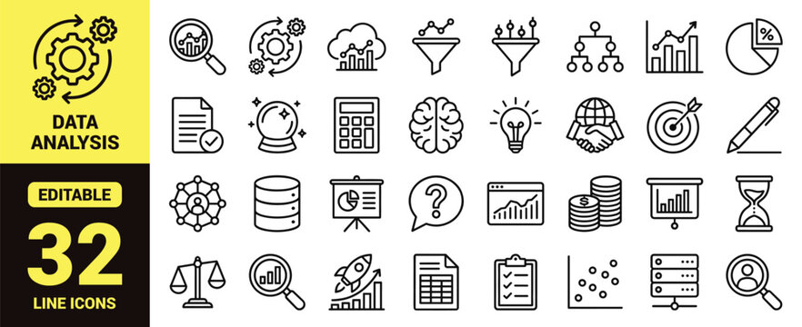 Data analysis and business intelligence icon set with charts, graphs, databases, magnifying glass, calculator, hierarchy, funnel, rocket launch, checklist, scatter plot, and analytics ranking symbols