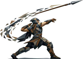 Obraz premium Low-poly vector illustration of a warrior executing a powerful spear throw, single athletic figure with sharply faceted anatomy