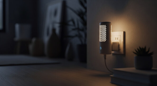 Modern electronic devices plugged into wall sockets amidst warm lighting in the home's interior, showcasing concepts of home technology, comfort, electrical energy, and modern lifestyle.