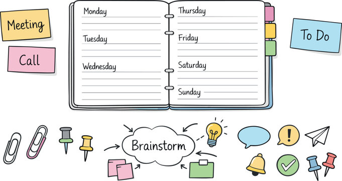 Open weekly planner spread, tabbed notebook pages, paper clips and sticky notes, small reminder icons for Brainstorm mind map