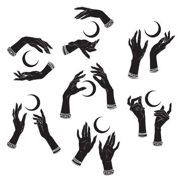Enchantress Mystic Hands Vector Set Magic Crescent Moon Silhouettes