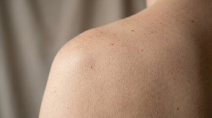 Fototapeta premium Macro shot of a person's shoulder showing natural skin texture, freckles, and small moles