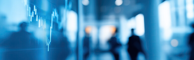 An illuminated digital display shows upward-trending financial charts and graphs in glowing blue tones in front of blurred office background