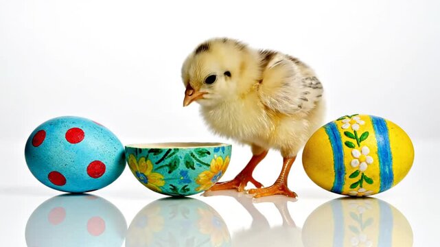 Easter chick hatching near painted eggs on white surface