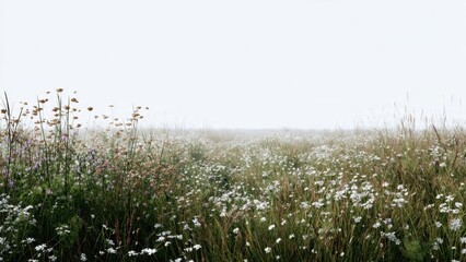 Naklejka premium Field of daisies in morning mist