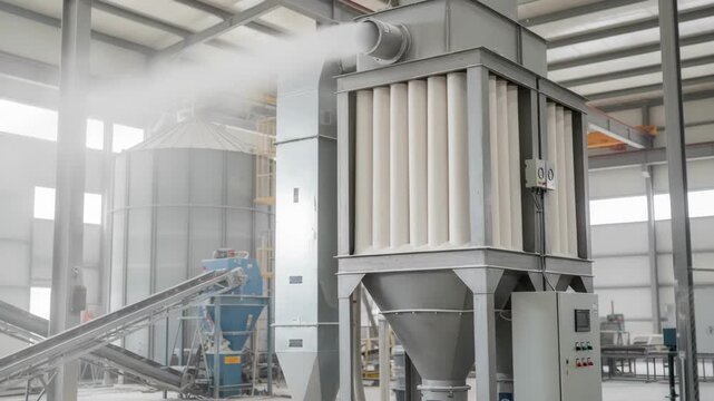 Medium shot of limestone dust collection using filter bags capturing fine particles in industrial processing with clean airflow and active filtration technology.
