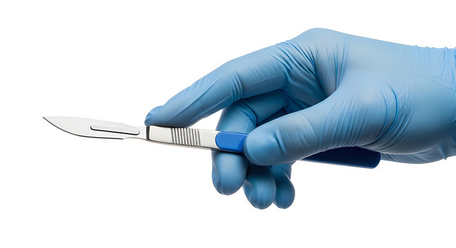 Surgical scalpel held by gloved hand representing precision and surgery, isolated on white background