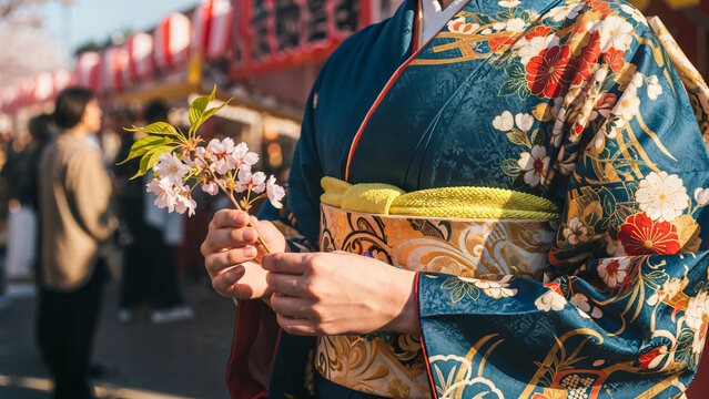 Kyoto, Japan - February 24: Maiko and Geiko wearing traditional silk kimonos during the Baikasai Plum Blossom Festival at Kitano Tenmangu Shrine. Japanese cultural heritage and spring celebration.
