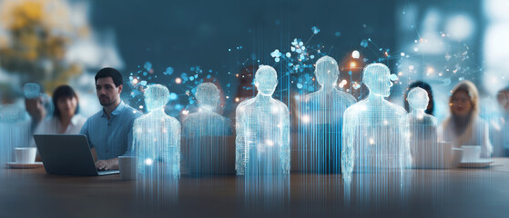 blurred Colleagues collaborate at work while translucent digital figures hover, symbolizing connected teams, HR tech, and networks