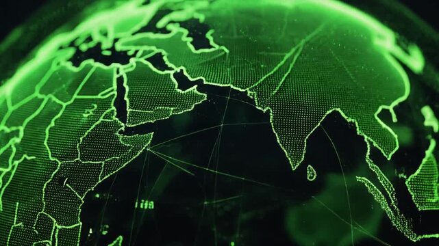 Glowing green digital world map, showing continents, interconnected lines, against a black backdrop