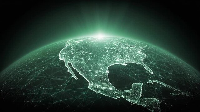 Glowing globe with interconnected lines. Bright light emanating from the center illuminates the Earth's surface