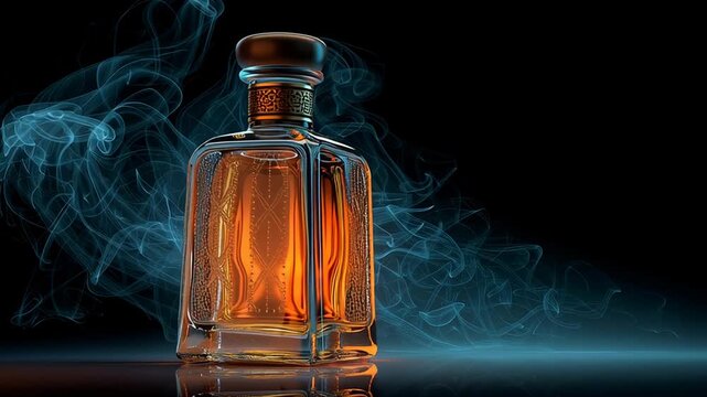 Premium tequila bottle with amber liquid and elegant glass design standing on dark background with smoky blue light, luxury alcohol and spirits concept