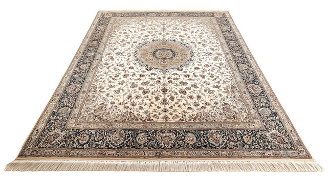 Elegant beige Persian carpet with floral patterns isolated on white background for decor.

