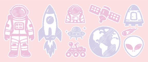 Adorable Pastel Space Sticker Set: Hand-Drawn Scribble Astronauts and Galactic Doodles for Creators