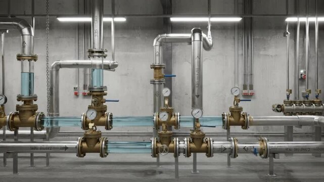 Medium shot of fresh water pipes arranged in an industrial setting showcasing durable metal fittings and clear flow direction for efficient distribution.