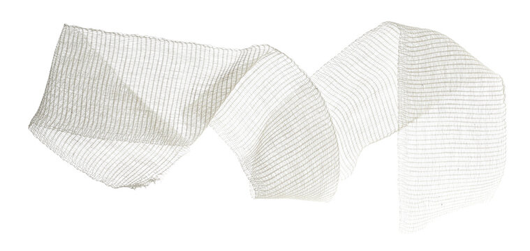 New crumpled medical bandage flying, first aid isolated on white background, clipping path, texture, design element