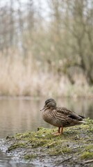 Wild duck rests on the edge of a lake while surrounded by soft light and still water during an outdoor afternoon
