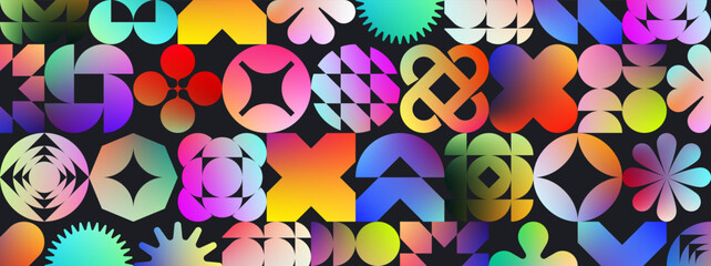 Abstract pattern with gradient brutalism shapes, Postmodern background with colorful Y2k gradation figure, banner template with bright geometric ornament, modern bold background