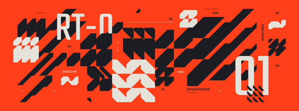Abstract cyberpunk banner with future tech geometric elements, design in Ski Fi style, Flat futuristic background with brutalism shapes, technology Hi Tech y2k ornament, Cyberspace gaming dashboard