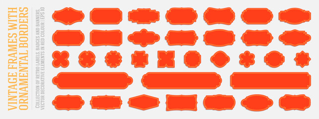 Сollection of red vintage frames with gold decorative wicker borders, Set luxury wedding retro labels, banners, Royal frames in asian style, Elegant sticker and invitations, Isolated vector symbols