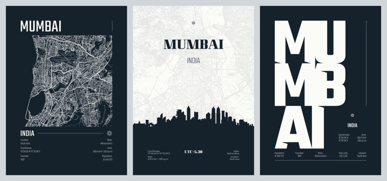Set of travel posters with Mumbai, detailed urban street plan city map, Silhouette city skyline, vector artwork, set 2