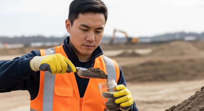engineer collecting soil sample with scoop at construction site wearing safety vest