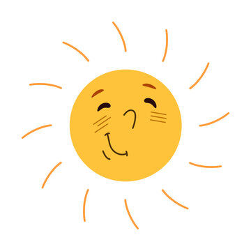 Cute cartoon sun with happy face and rays, isolated on white background. Simple vector childish character with squinted eyes and upturned nose.