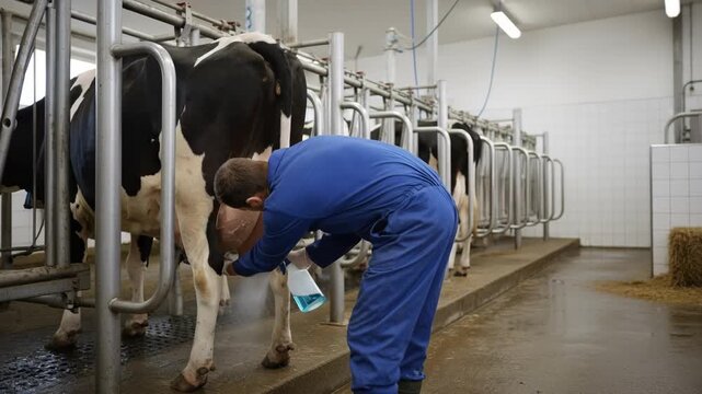 Medium shot of farmer carefully spraying disinfectant on cow udders to prevent mastitis and ensure udder health in a clean barn setting.