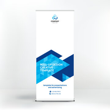 Banner design, roll-up stand for advertising, conferences, seminars, poster template for placing photos and text. Creative background for presentation	
