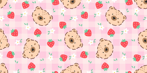 Naklejka premium Cute teddy bear repeat pattern with flowers, strawberry, and a cozy gingham background. Suitable for kids clothing, baby accessories, charming packaging designs