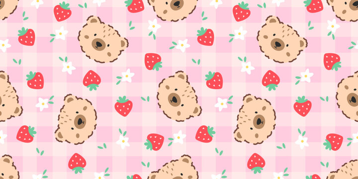 Cute teddy bear repeat pattern with flowers, strawberry, and a cozy gingham background. Suitable for kids clothing, baby accessories, charming packaging designs