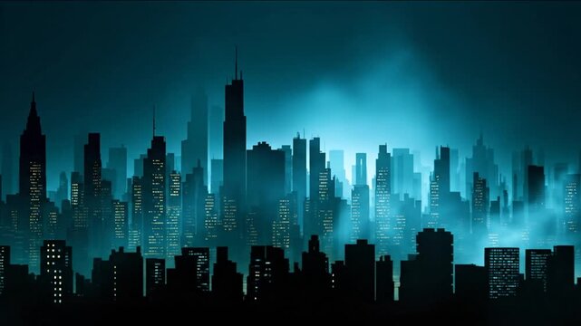 A stylized cityscape is depicted in shades of blue and black. Lit windows punctuate the dark buildings