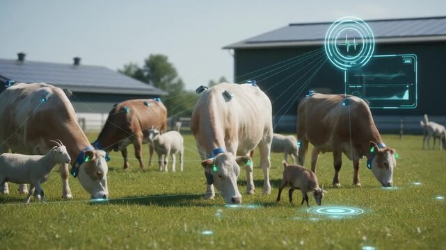 Medium shot of livestock equipped with smart sensors transmitting movement and vital signs highlighting advanced digital tracking for optimized farm operations and wellbeing.