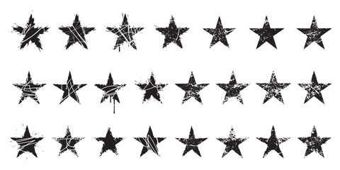 Stars. Black silhouette of a five-pointed star in grunge style with a distressed effect, isolated on a transparent background, vector illustration set.