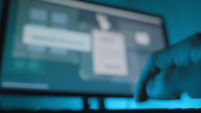 Close up on hand of hacker typing on keyboard as secret files copy on screen. Computer monitor display progress bar copying or sending classified reports and information data from government server