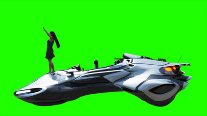 Naklejka premium Flying futuristic car and a woman with hair blowing in the wind. reflections on the car body. green screen isolate. 3d rendering.