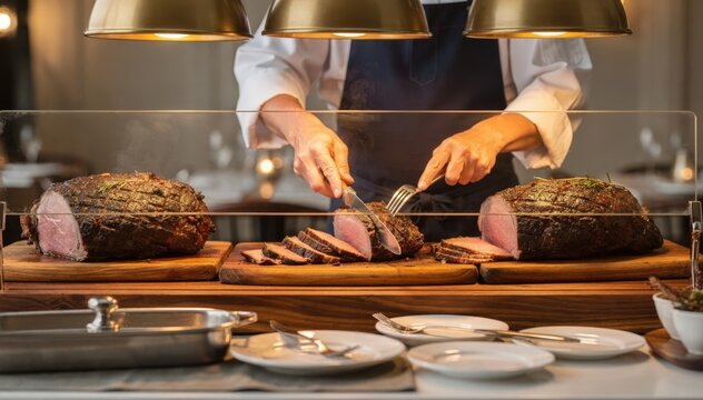 Brunch event carving station with fresh roasts under proper warmth clear sneeze guard clean wooden boards and the chef delicately slicing meat background composition intentionally