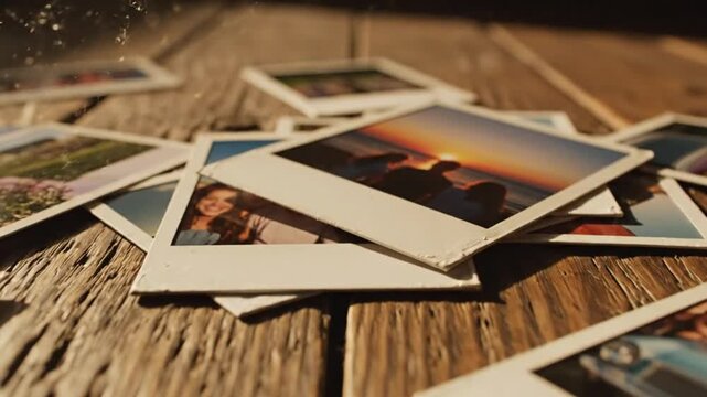 Instant Photo Memories Scattered on Wooden Table, Nostalgic  Vintage Theme
