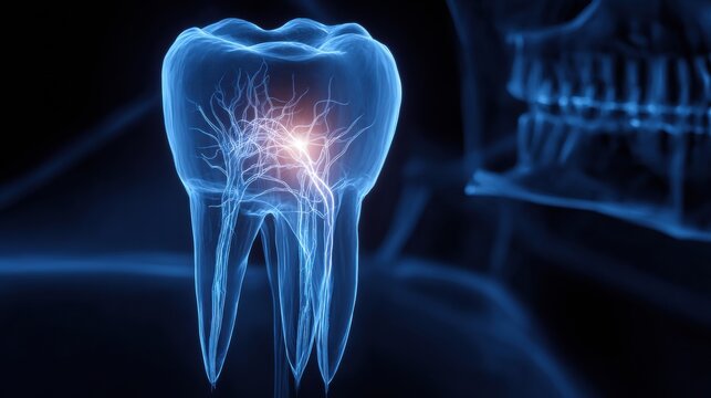 3D Model of a Lower Jaw Showing a Wisdom Tooth With Roots Near the Nerve Canal in a Clean and Minimalist Scan