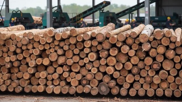 Medium shot of logs neatly piled illustrating the diversity in tree bark and wood types ready for industrial cutting.