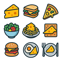 Variety of cheese dishes and snacks illustrated in a colorful style